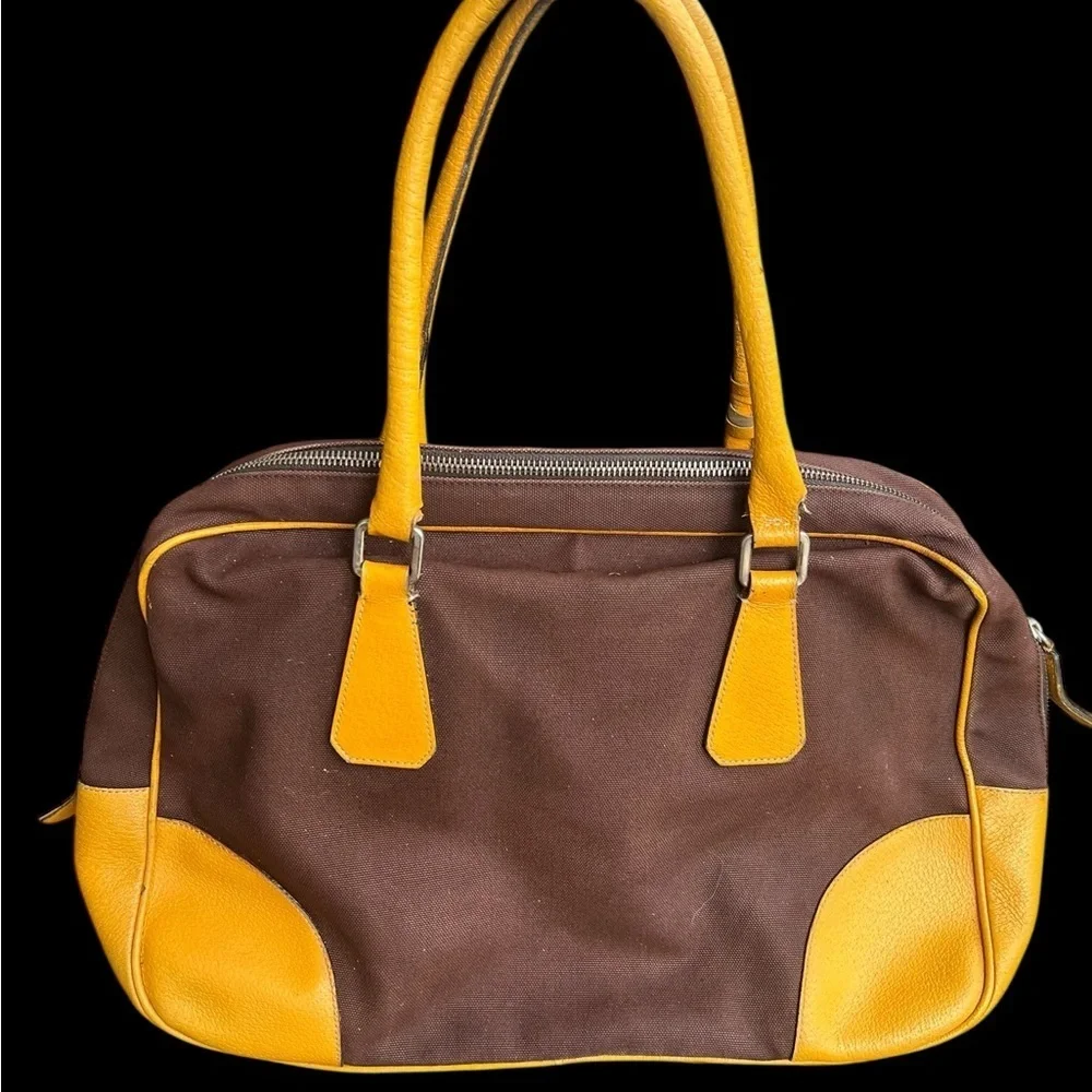 Prada Satchel in Rich Brown canvas and Vibrant Yellow Leather